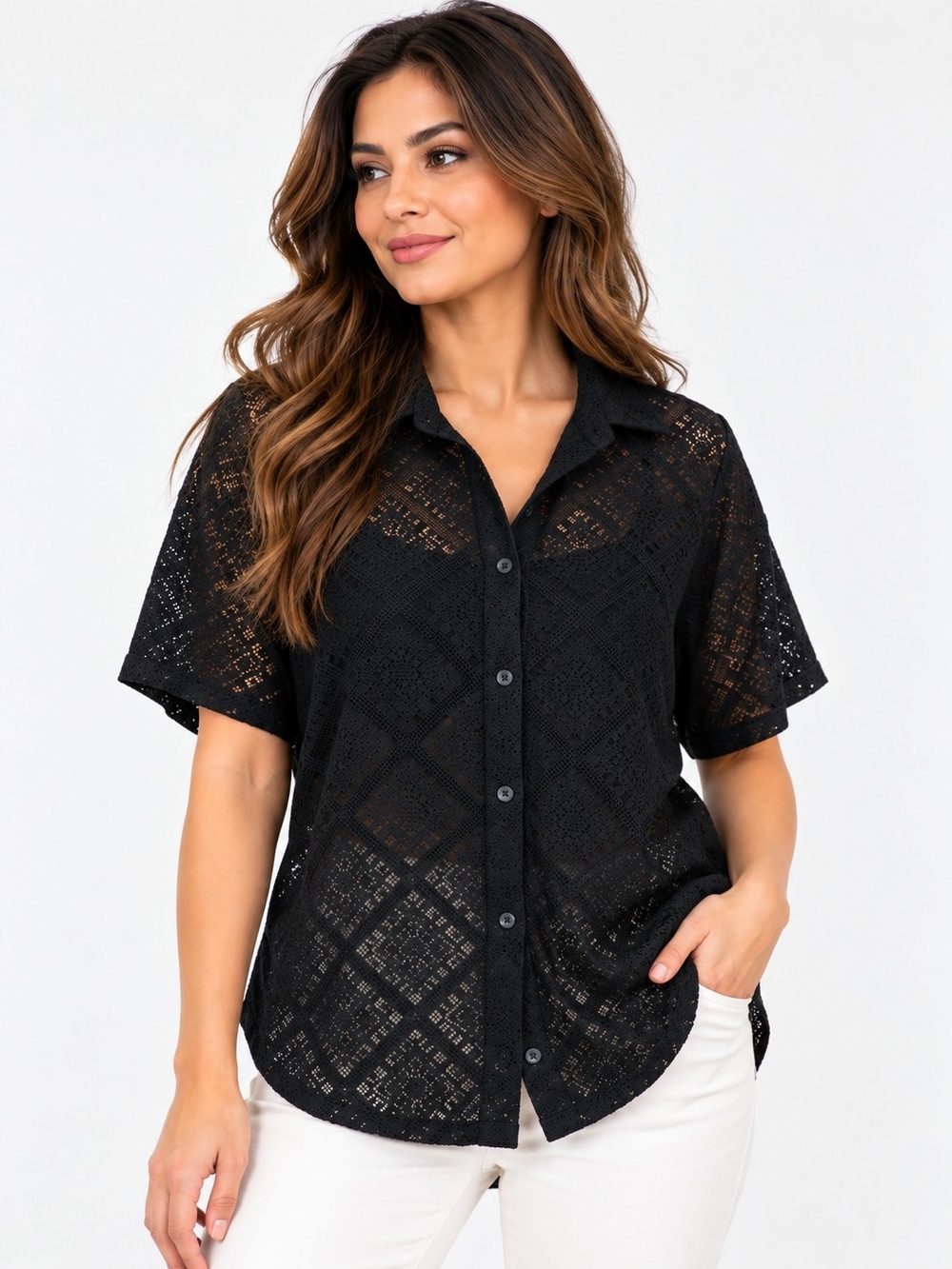 H&M Black Lace Button-Down Short Sleeve Shirt